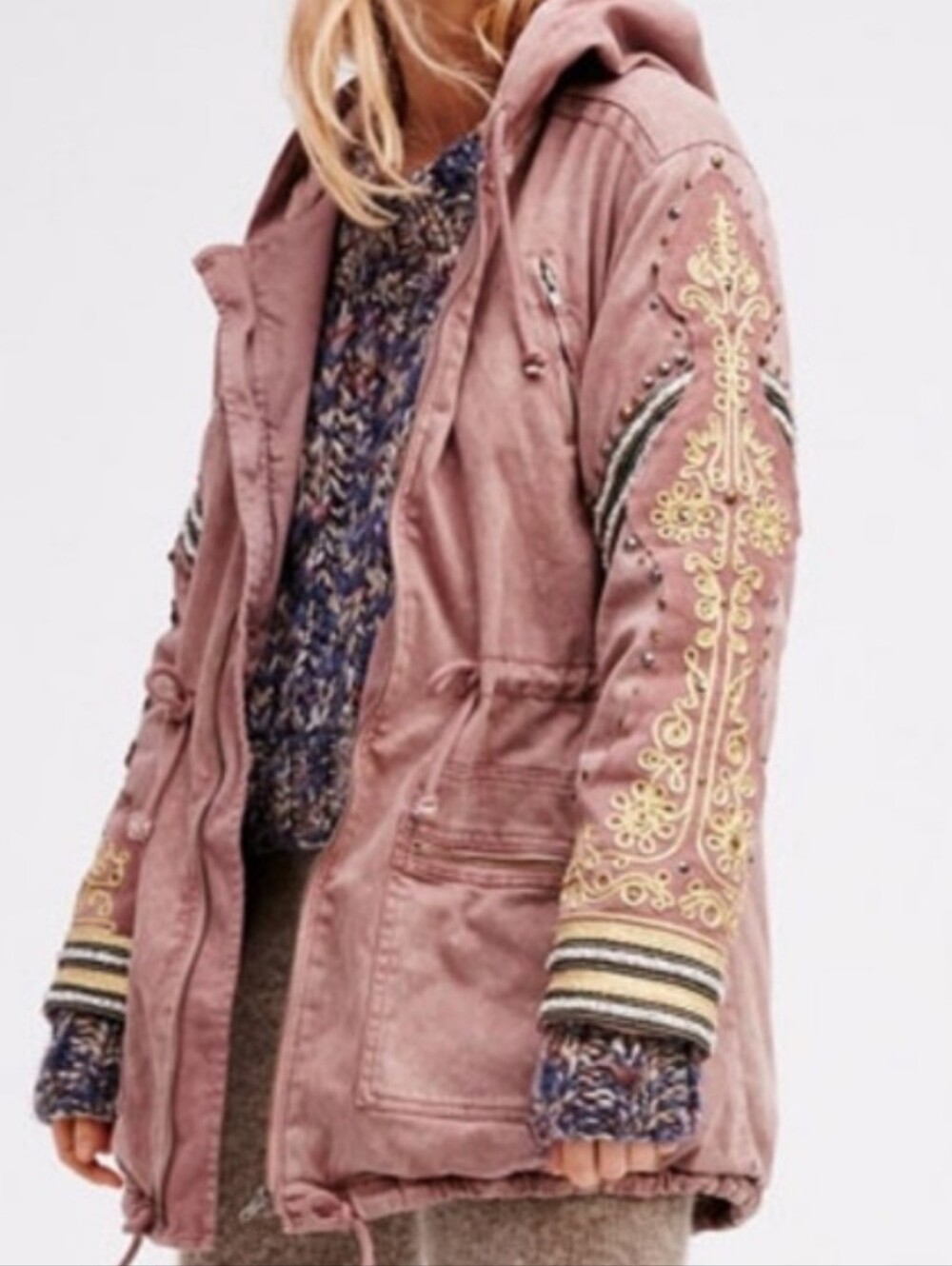 Free People Golden Quills Military Parka Small Bohemian Beads Studs Boho